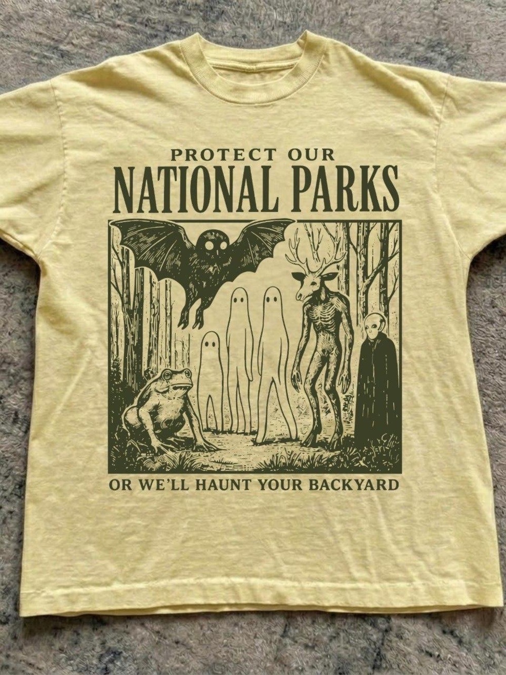 Gildan Yellow Tee with Dark Green 'Protect Our National Parks' Graphic